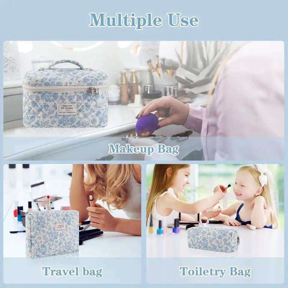 3Pcs Cotton Quilted Makeup Bag Set Women Zipper Cosmetic Organizer Female Cloth Handbag Portable Toiletry Case for Girls Y260206