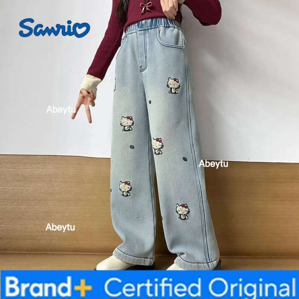 Sanrio Hello Kittys Girls Jeans All-In-One Velvet Autumn Winter New Kawaii Cartoon Leisure Wide Leg Pants Thicken Keep Warm H260206