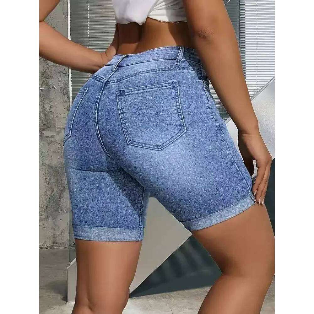 Bleached Jeans Shorts Denim Women Jean High Waist Spliced Pockets Washed Solid Vintage Basics Zipper Fly Skinny Summer C260206