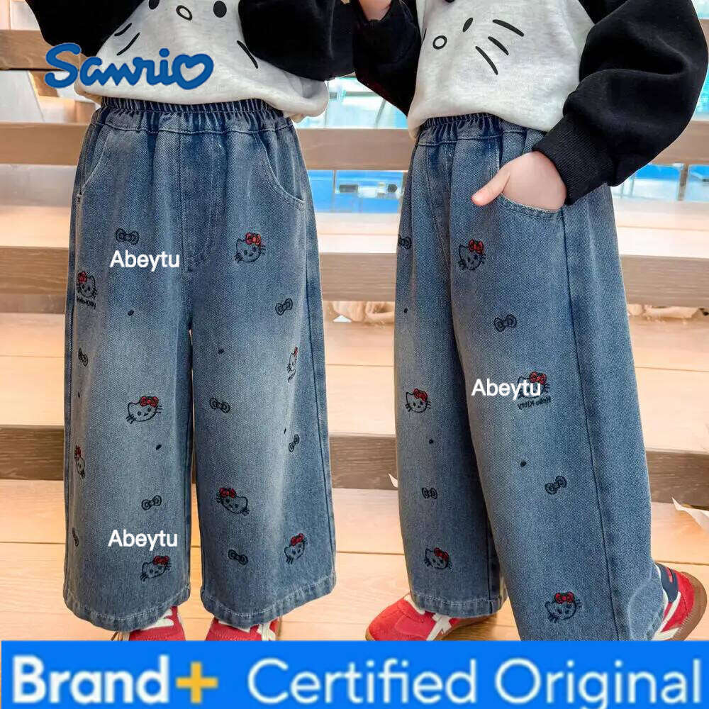 Sanrio Hello Kitty Girls' Spring/autumn Casual Jeans New Children's Stylish Fashion Korean Version Straight Wide-Leg Pants H260206
