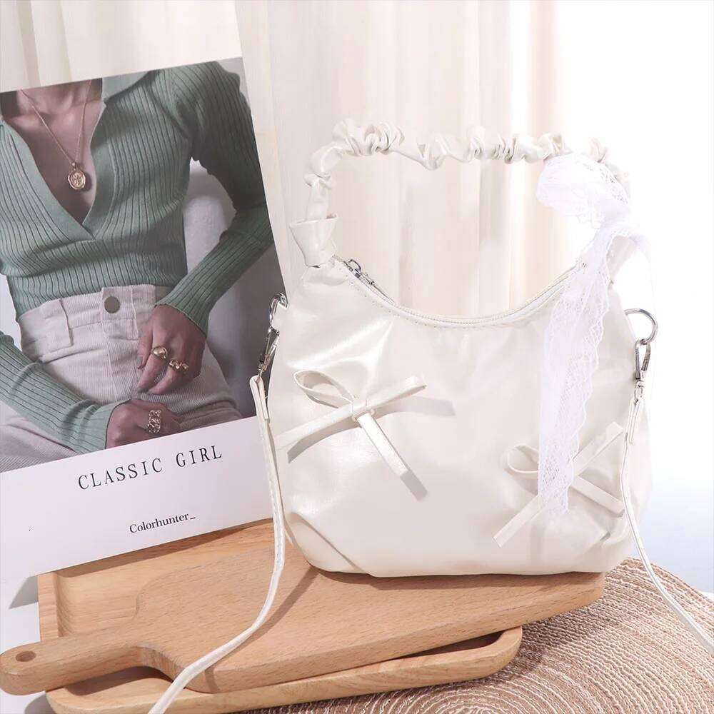 All-match Cloud Evening Handbag Pleated Beige Bow PU Shoulder Korean Style Lace Ribbon Underarm Bag Work Y260205