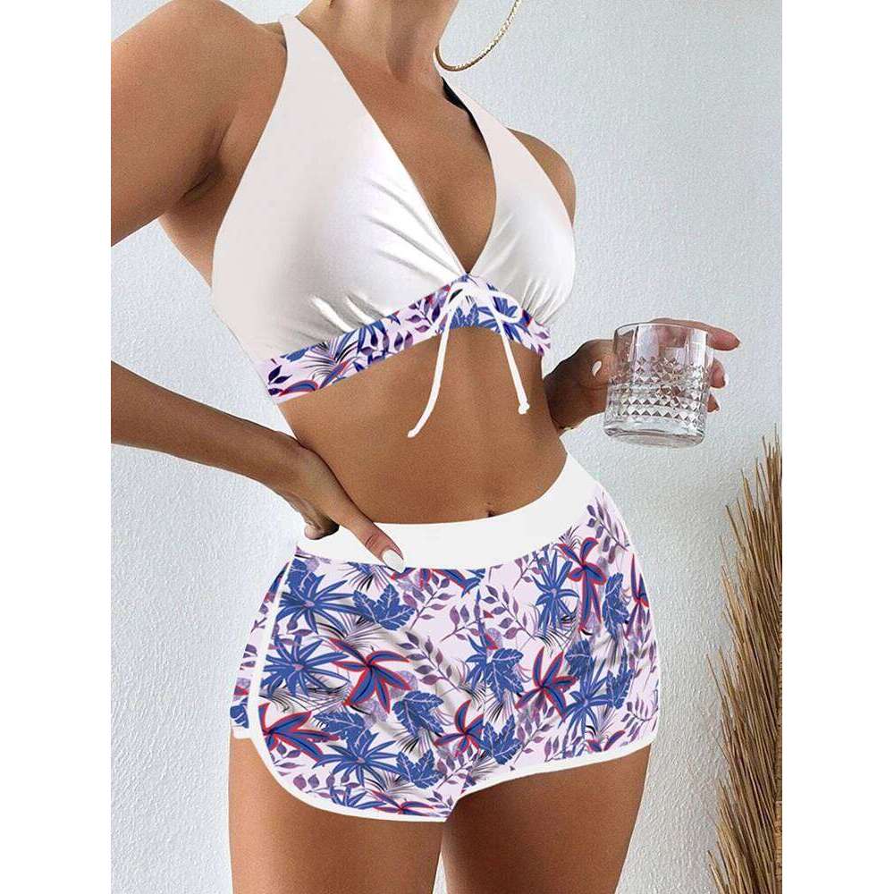 6 Colors Halter Bikini Set 2025 Women Sexy Floral Print High Waisted Swimwear With Boxer Shorts Hot Selling Beach Bathing Suit Z260206