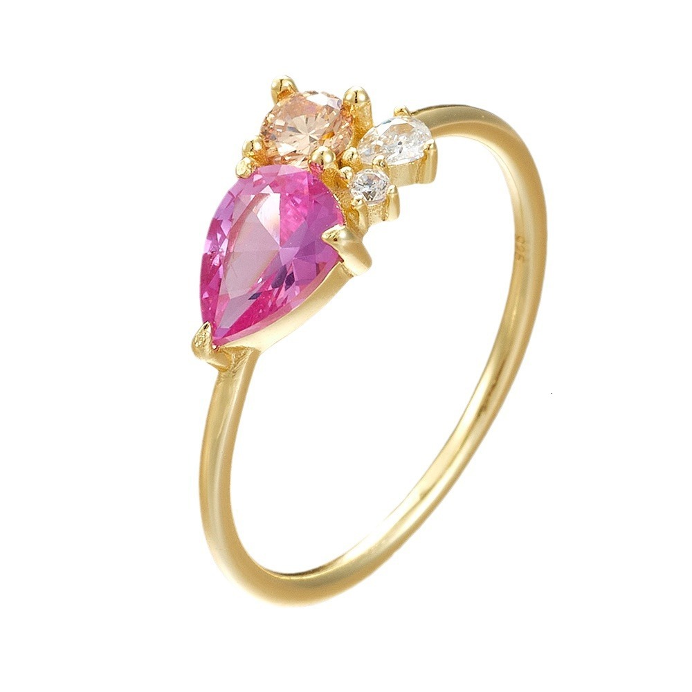 High-End Women's Inlaid with Colorful Water Drop Zircon Sterling Silver Light Luxury Style Niche Ring Wholesale