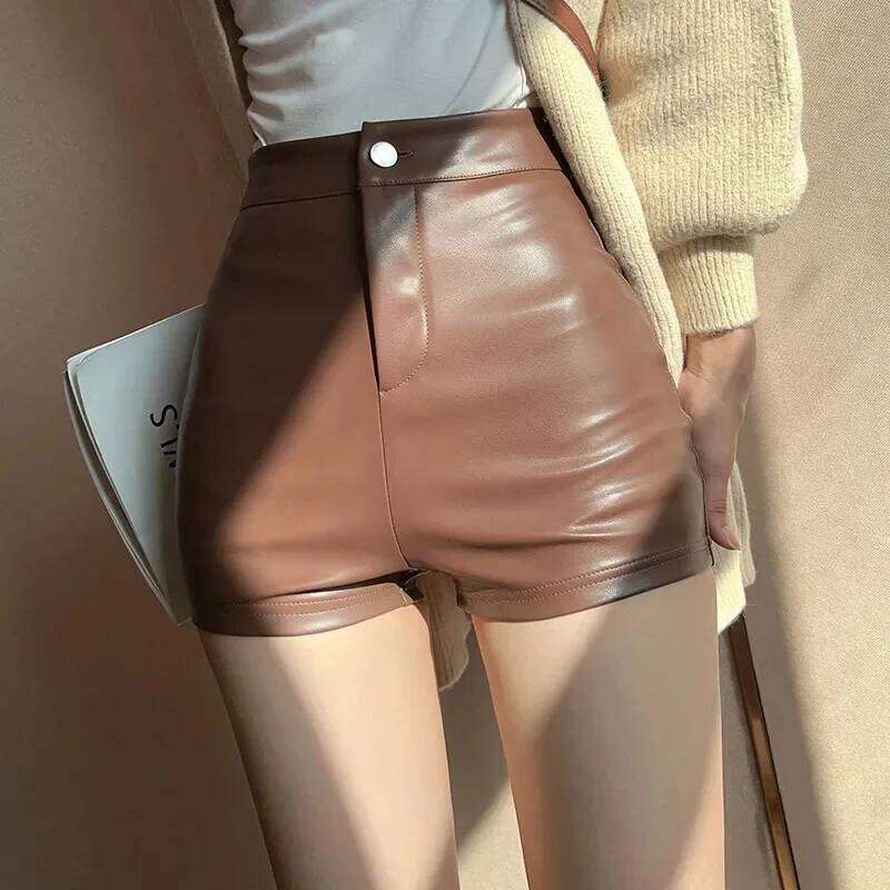 High Waist Short Women's Wide Leg PU Leather Casual Autumn Winter Bootleg Pants Fashionable Slimming Effect XJ260206