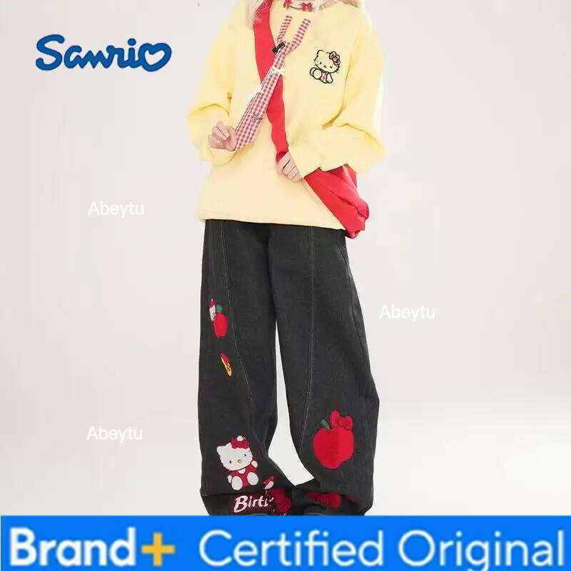 Sanrio Hello Kitty Spring Autumn Girl Jeans Cartoon Embroidery Fashion Wide-Leg Mid-Rise Retro Loose Flared Pants Birthday Gift H260206
