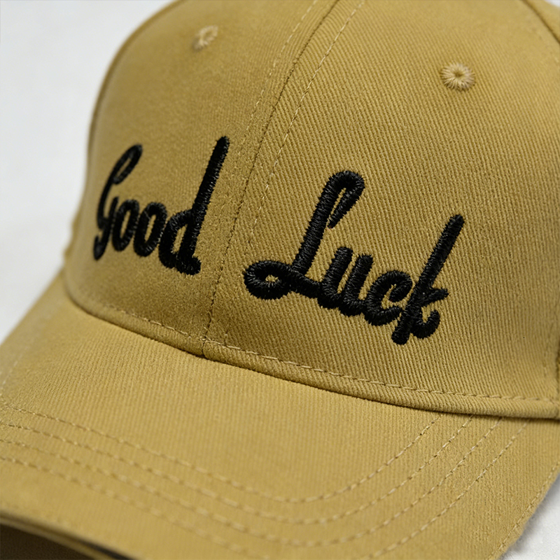 Men's Women's Khaki Curved Brim Cap "Good Luck" Embroidery Adjustable Daily Hat