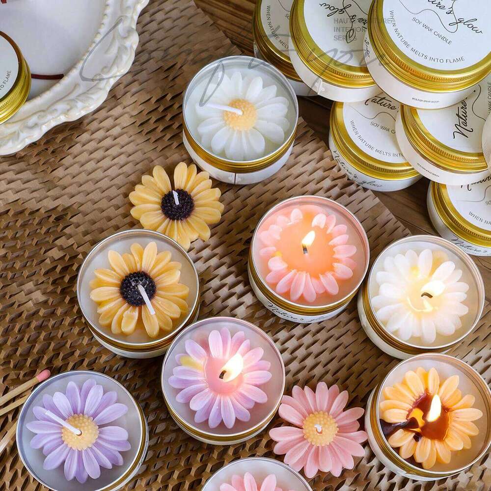 Chamomile Scented Tin, Handmade Soy Wax Flower Candle, Smokeless Aroma Candle Bedroom Decor, Romantic Gift for Women S260205