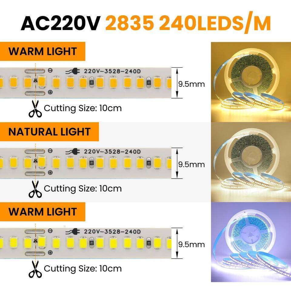 AC 220V 110V LED Strip 240Leds/M IP44 10CM Cut Home Decor Warm/Natural White Self Adhesive Flexible Ribbon Stripe Chain Light Z260206