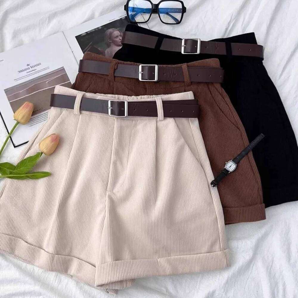 Retro Corduroy High Waist Short Women's Autumn Winter Slim Wide Leg Pants Small Size Design Sense Cuffed Fashion Boot Pant XJ260206