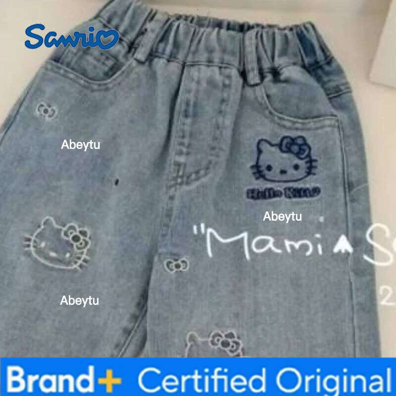 Sanrio Hello Kitty Straight Leg Jeans Girls Casual Spring 2025 New Cartoon Cute Kitten Embroidery Trendy Fashion Denim Pants H260206