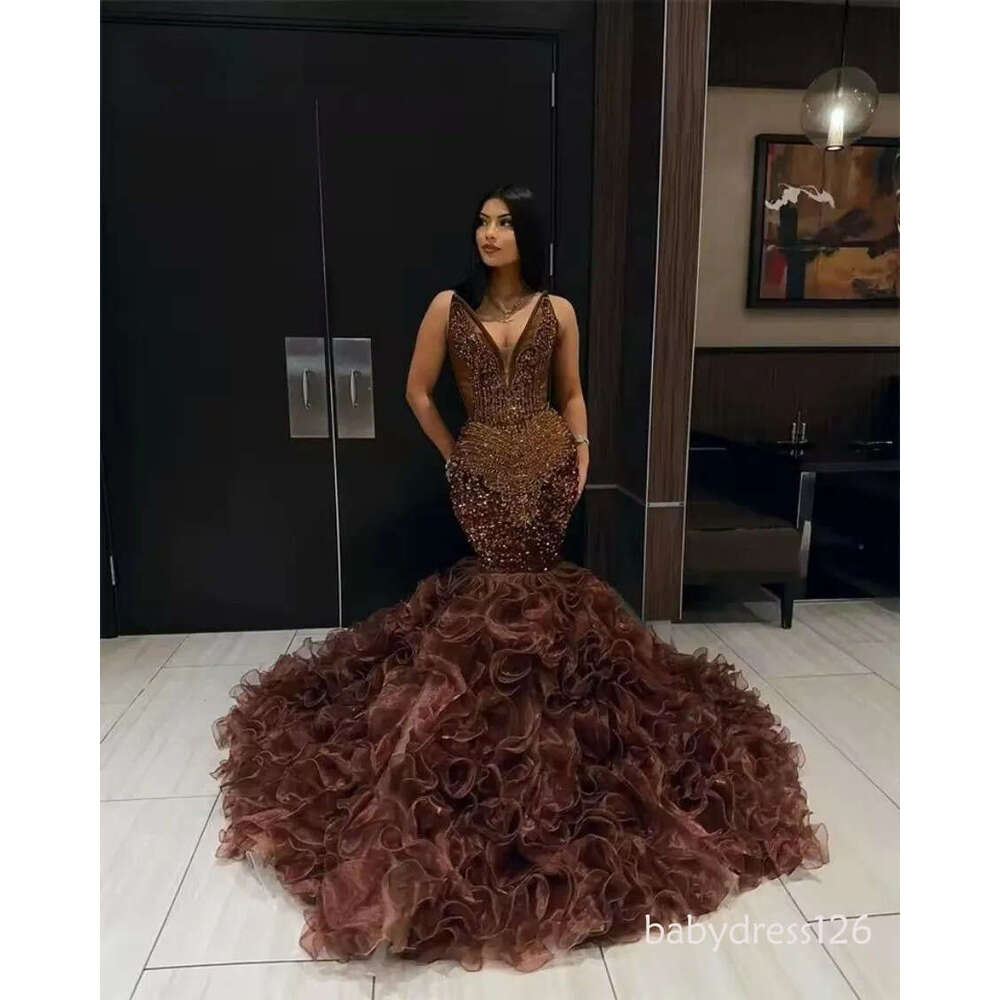 Brown Sequins Mermaid Prom Dresses 2026 Sexy V Neck Plus Size Formal Evening Ocn Gowns For African Women D21