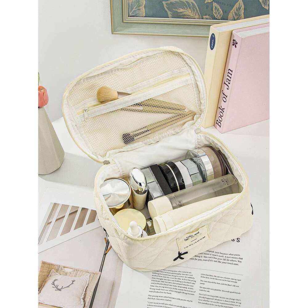 1pc/set beige bow quilted large capacity zipper bag, multifunctional travel storage makeup bag Y260206