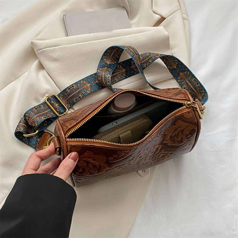 Chic Floral Embossed Crossbody Bag: Urban Elegance with Secure Zip, Durable Design & Wide Strap for Everyday Style XJ260129
