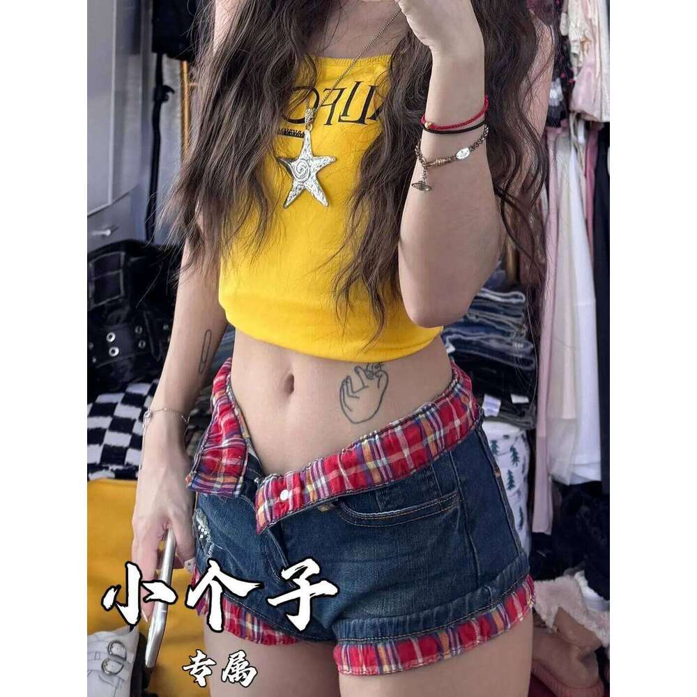 Y2k Women Vintage Splicing Plaid Denim Shorts Summer Low Waist Curling Design Jeans Hot Pants C260206