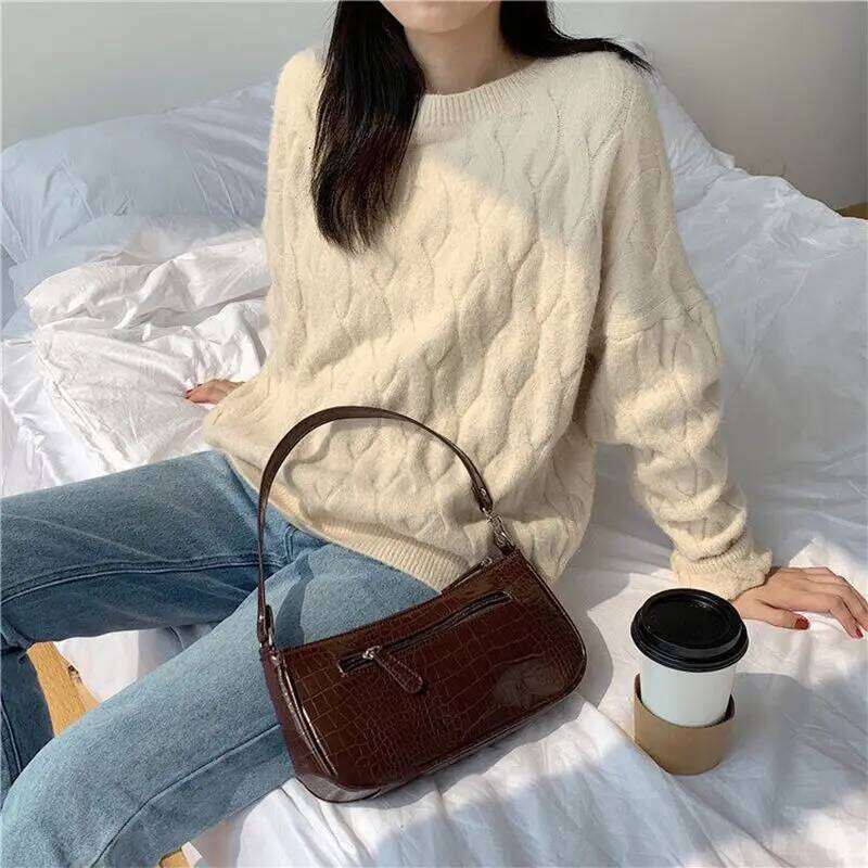 French Design Ladies Retro Armpit Bag Crocodile Pattern PU Leather Women Shoulder Bags Solid Color Girls Clutch Purse Handbags Y260205