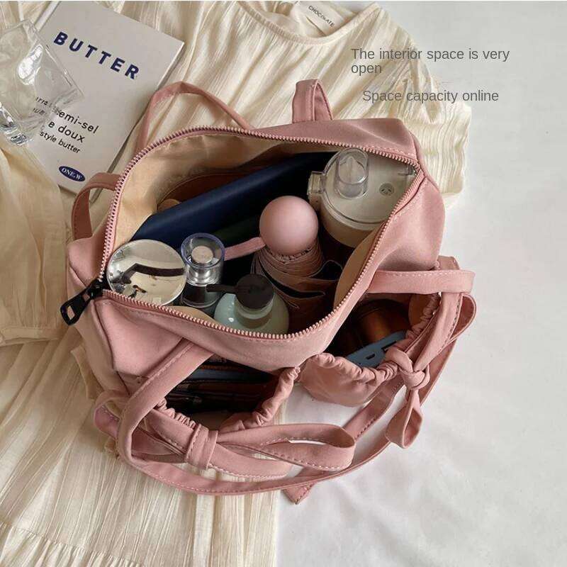 2024 New Korean Bow Nylon Shoulder Fashionable and Sweet Design Tote Bag Folded Large Capacity Commuter Women's Handbag Y260205