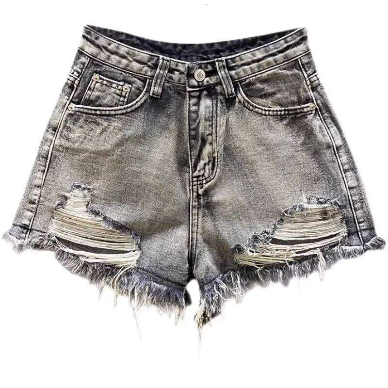 Worn Legs with Rough Edges Washed Black 2026 Summer New Women Fashion A-line Wide Leg Hole Ripped Denim Shorts C260206
