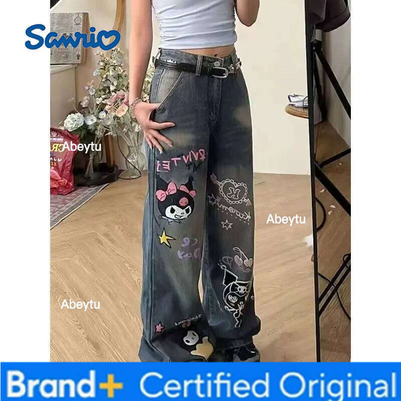 Sanrio s Kawaii Jeans Kuromi Student Trousers Versatile Loose Wide Leg Pants Sweet New Style Simple Trendy Print High End Gifts H260206
