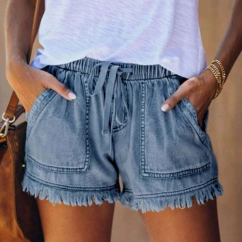 Y2K Women's Elastic Belt Casual High Waist Show Thin Flow Sue Denim Jeans Female Solid-Color Shorts Pant C260206