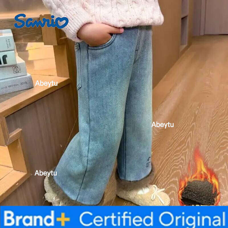 Sanrio Hello Kittys Girls Jeans Autumn Winter New Wide Leg Pants Leisure Fashion Keep Warm Plus Velvet Kawaii Cartoon H260206
