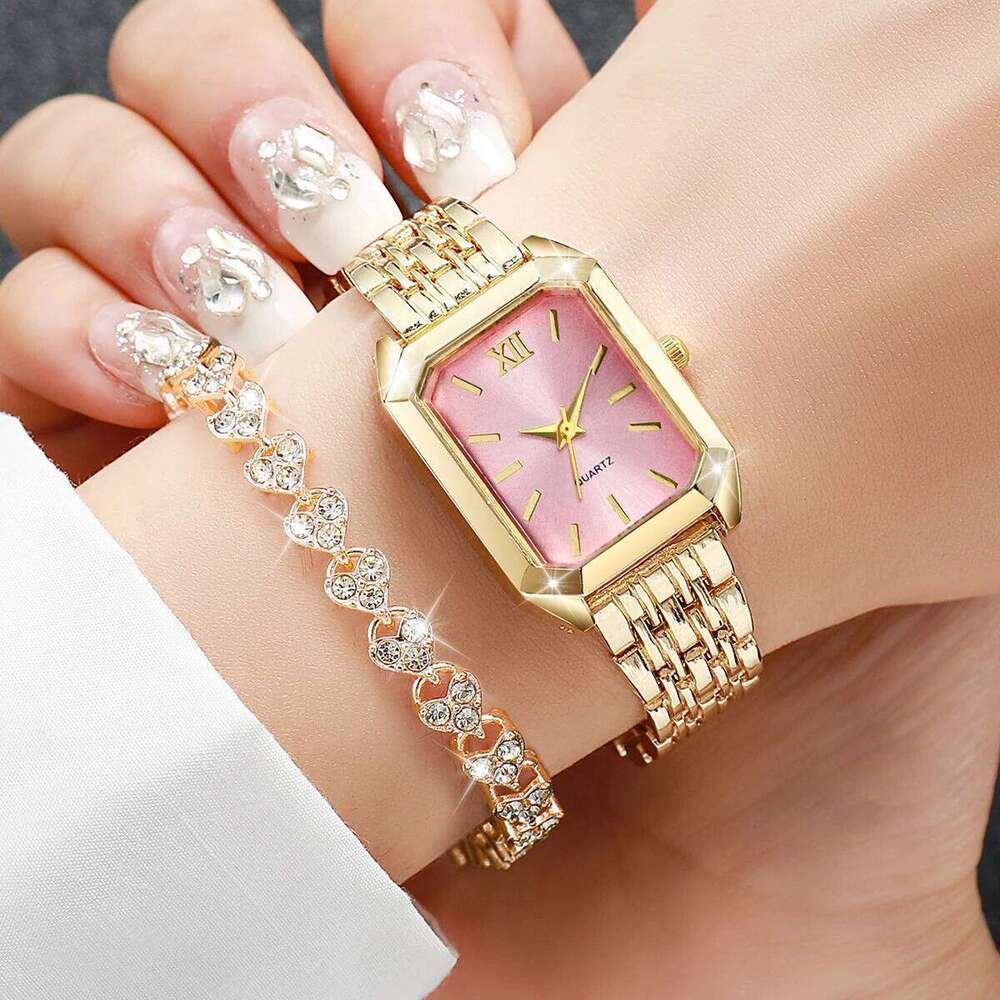 2PCS/Set Fashion Square Dial Women Wristwatch Elegant Ladies Quartz Watch With Heart Bracelet Reloj Mujer Without Box Z260206