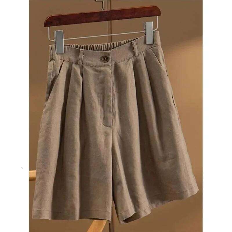 Khaki Solid Casual Linen Cotton Elastic High Waist Wide Leg Button Loose Women's Korean Fashion Summer Shorts Women XJ260206