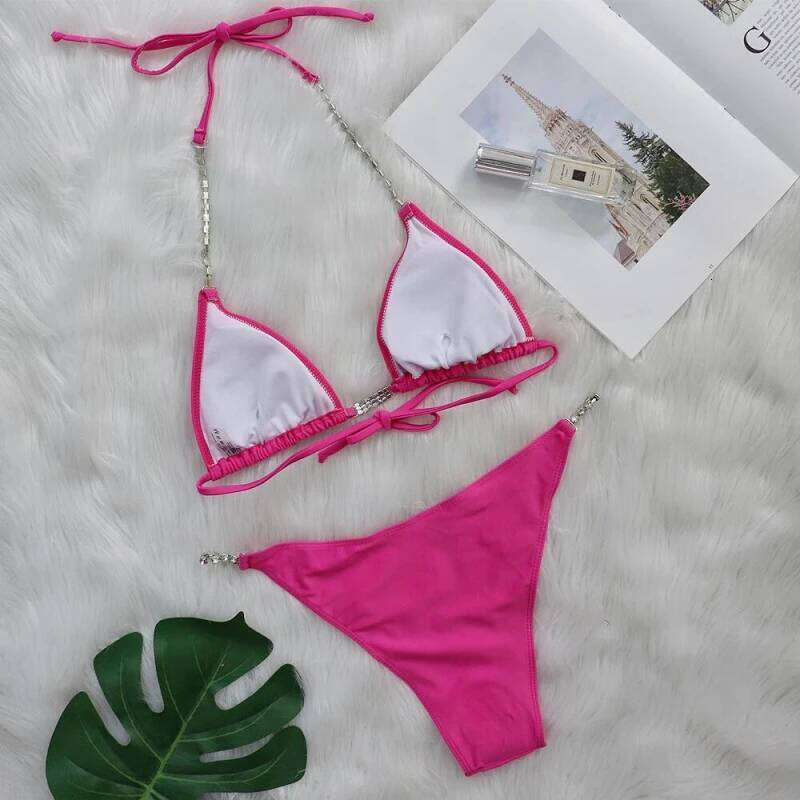 Sexy crystal diamond chain two-piece WOMEN'S solid color tie swimsuit bikini Z260206