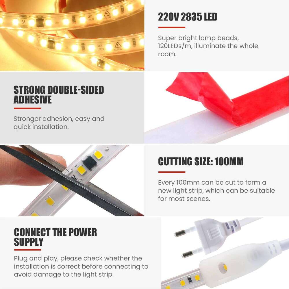 IP65 Waterproof LED Strip Light 220V SMD2835 120LEDs/m Flexible Ribbon Adhesive Tape Lamp Cuttable Warm Cool White with EU Plug Z260206