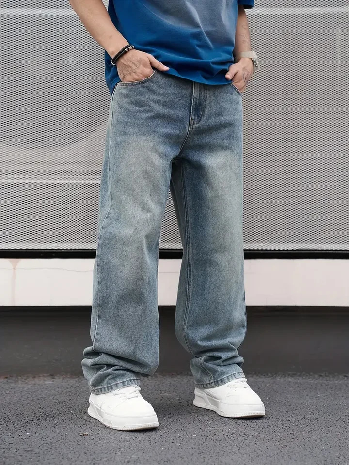 MenS Casual Straight Wash Jeans Light Blue Loose Fit Oblique Pocket Comfortable Blend Suitable For Wear 260127