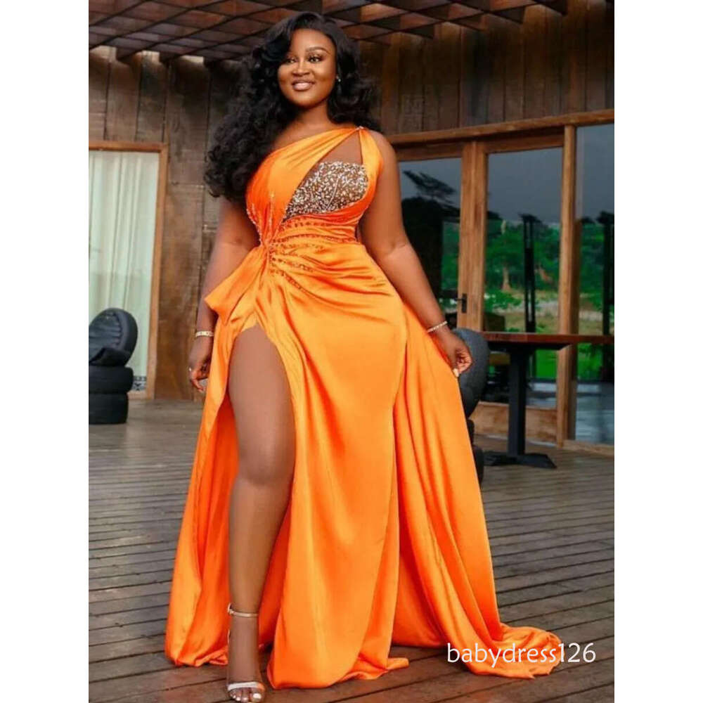 arabic aso ebi orange beaded crystals evening high split prom dresses one shoulder formal party second reception gowns N17