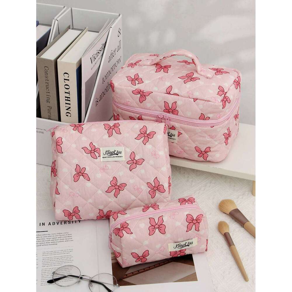 1pc/set pink quilted ribbon bow pattern design, large capacity cute toiletry bag, travel storage makeup bag Y260206