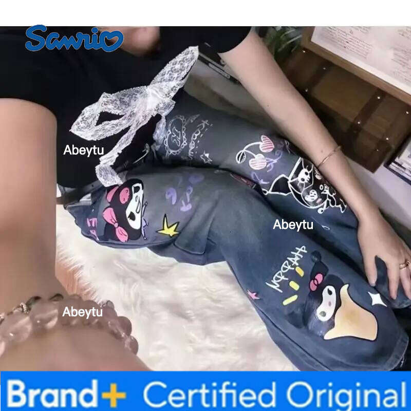 Sanrio s Kawaii Jeans Kuromi Student Trousers Versatile Loose Wide Leg Pants Sweet New Style Simple Trendy Print High End Gifts H260206