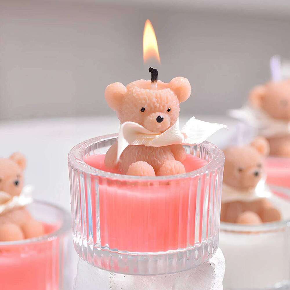 Scented Luxury Teddy Bear Soy Candle in Glass Jar with Ribbon, Creamy Pastel Gifts for Women, Bridal Shower & Holiday Favors S260205