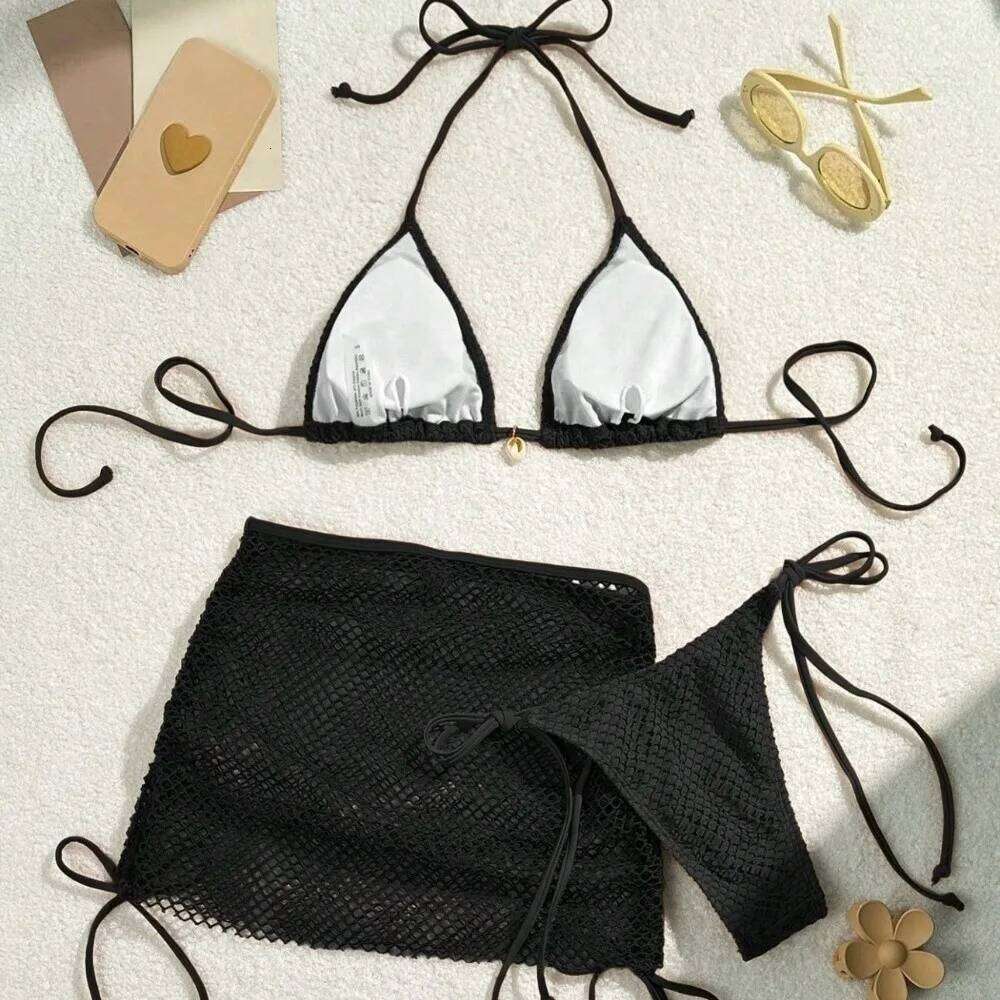 Fashion Mesh 3 in 1 Swimwear Set Lace Up Slim Fit Bikini Bathing Suit Deep-V Beachwear Clothing Sleeveless Swimsuit Ladies Z260206