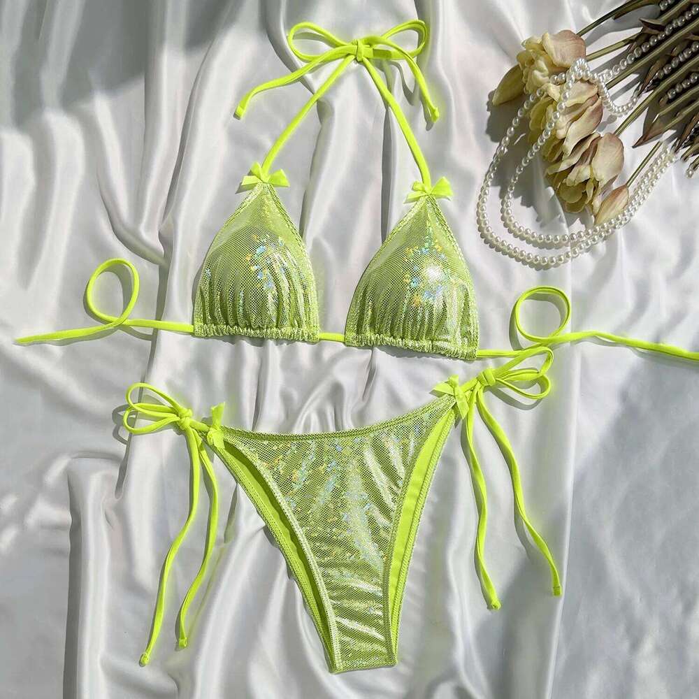 Purple Shiny Bow Swimwear Sexy String Halter Micro Bikini Thong Swimsuit Woman 2026 Bathing Suit Triangle Bikinis Sets De Mujer Z260206