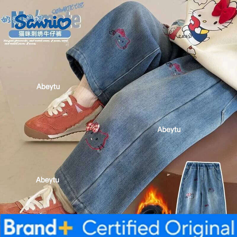Sanrio Hello Kitty Jeans Fleece Lined Girls and Kids Autumn Winter Season New Style Casual Loose Fit Fashionable Denim Pants H260206