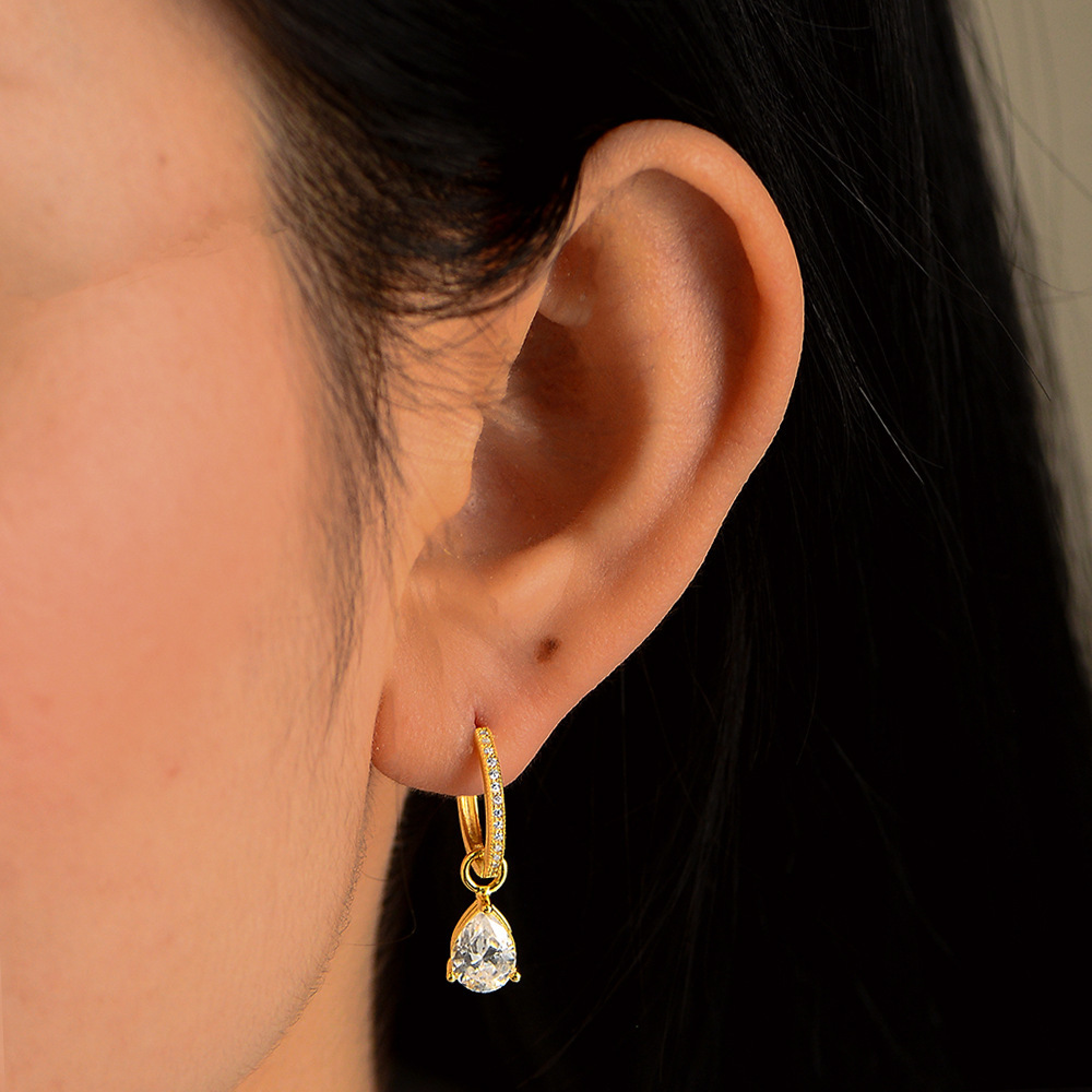 S925 Sterling Silver Retro Water Drop Zircon Light Luxury Ins Simple Exquisite Ear Hooks Earrings