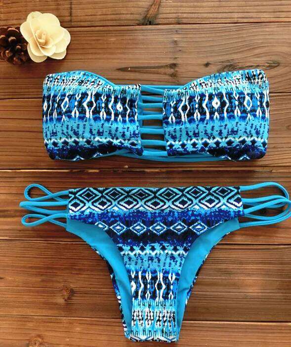 2022 Women Bandeau Bikini Reversible Print Swimsuit Strappy Swimwear Biquini Trikini 1112 XJ260206