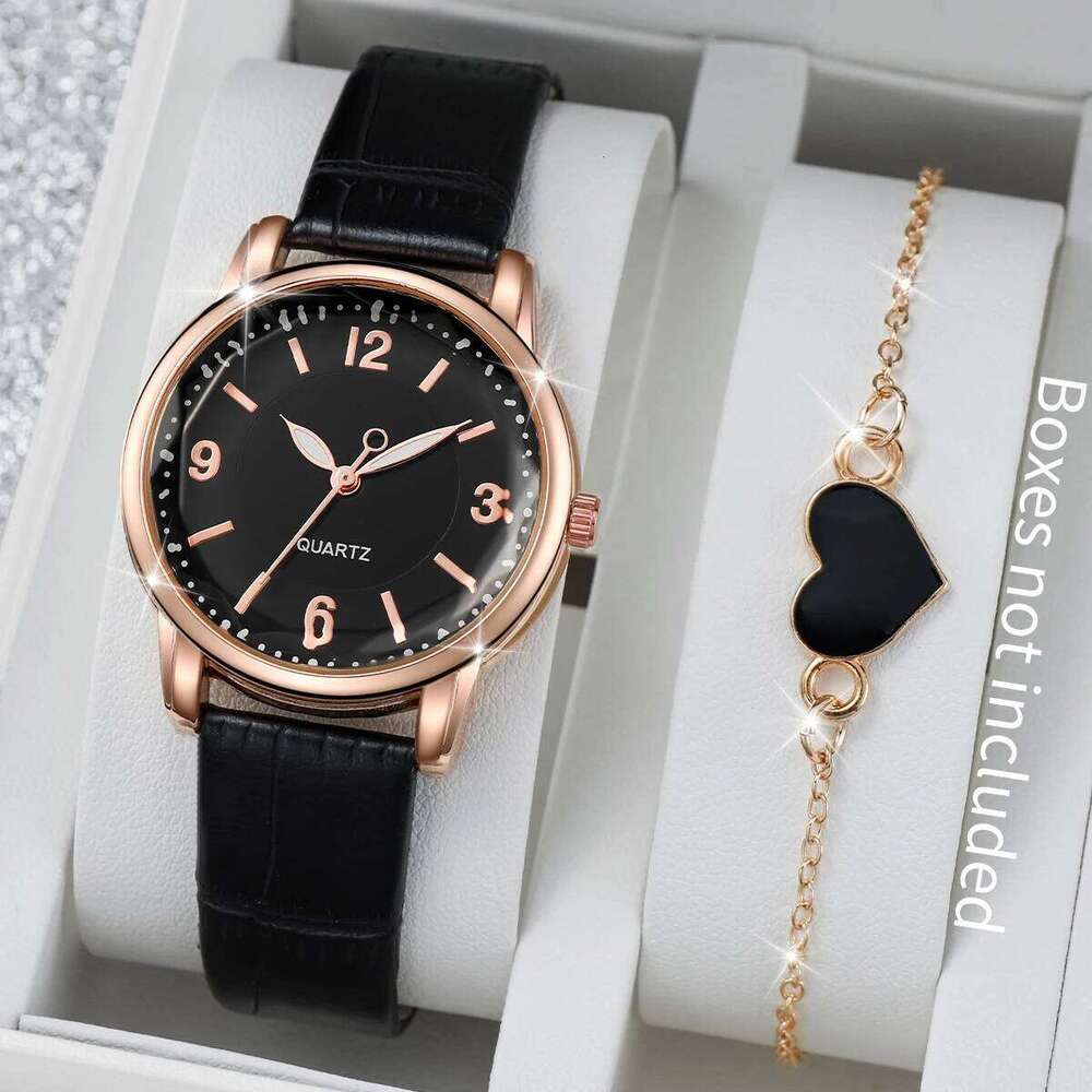2PCS/Set Women's Casual Arabic Dial Leather Band Quartz Watch Heart Bracelet SetWithout Box Z260206