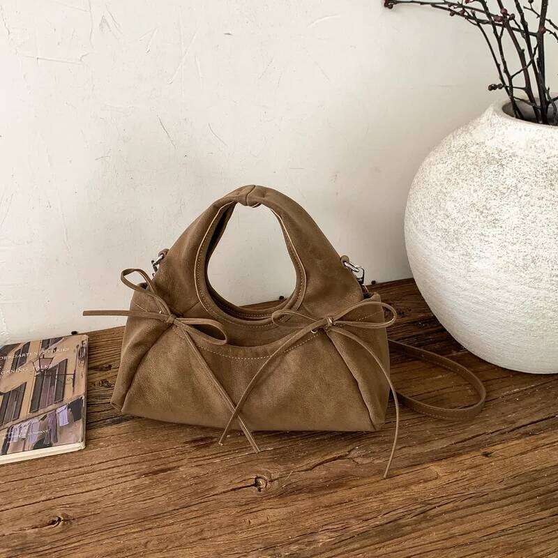Dainty Double Bows PU Leather Suede Clutch Women Slouchy Chic Purse Satchel For Party Use Crossbody Strap Y260205