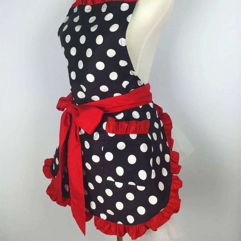 Cute Apron with Pockets Retro Red Polka Dot Xmas Sleeveless Ruffle Cooking Adjustable Kitchen Aprons for Women Girls S260205