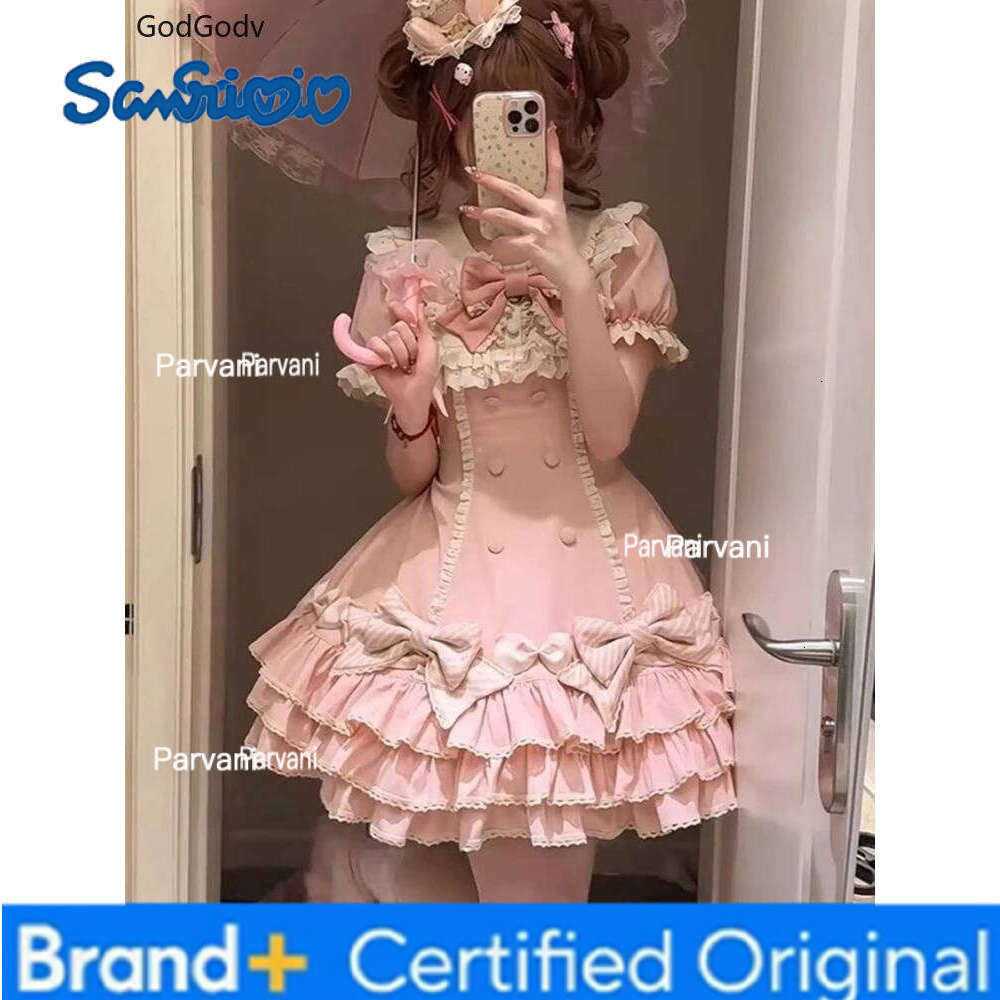 Sanrio 2025 Japanese Sweet Lolita Kawaii Women Spring Printed Bow Fake Two Piece Dress Female Korea Style Design Party Clothing H2602061 - view 5