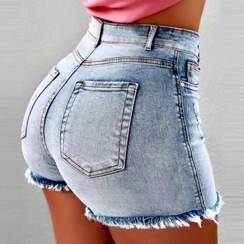 Hot-selling Women's Denim Shorts with Fringe Ripped High-waist Jeans Hot Pants C260206