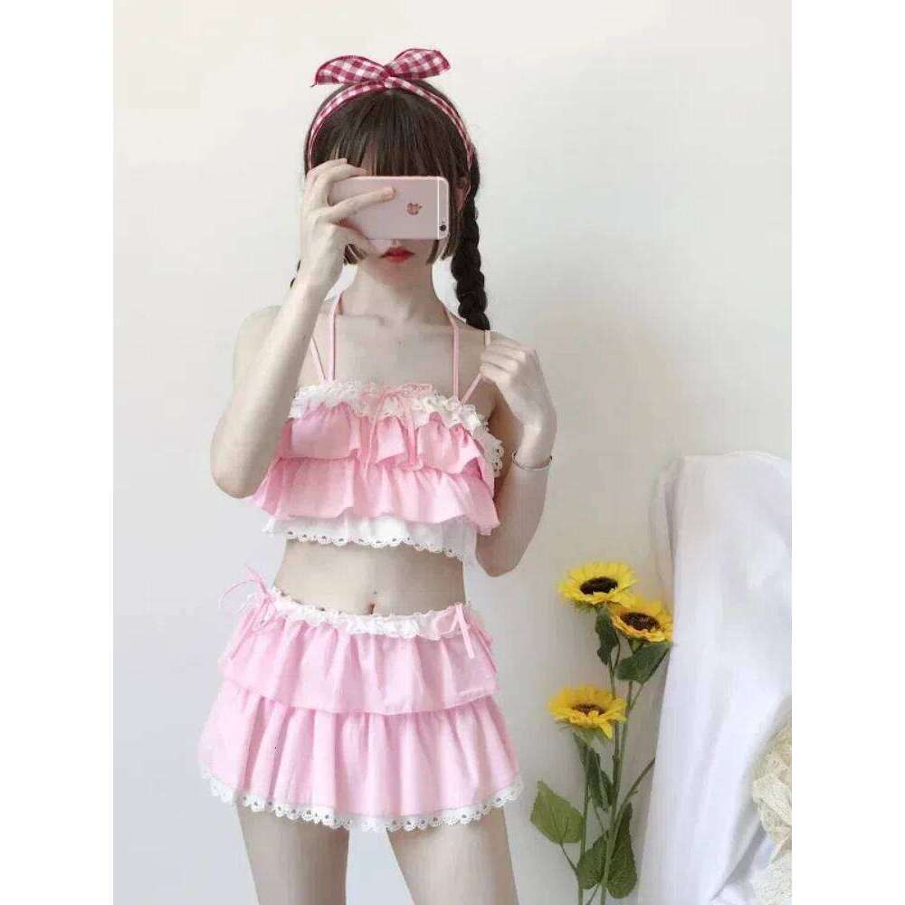 Cute Girls Lolita Ruffle Bikini Sukumizu Cosplay Pink And Black Color Swimsuit Hollowed Multilayer Hem Biquini Women Swimwear Z260206