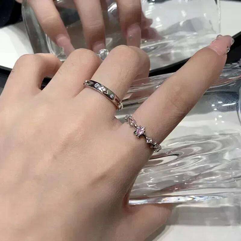 Luxury Pink Rhinestone Star for Women Men Y2k Adjustable Couple Rings Engagement Wedding Jewelry Fashion Girlfriend Gifts W260206