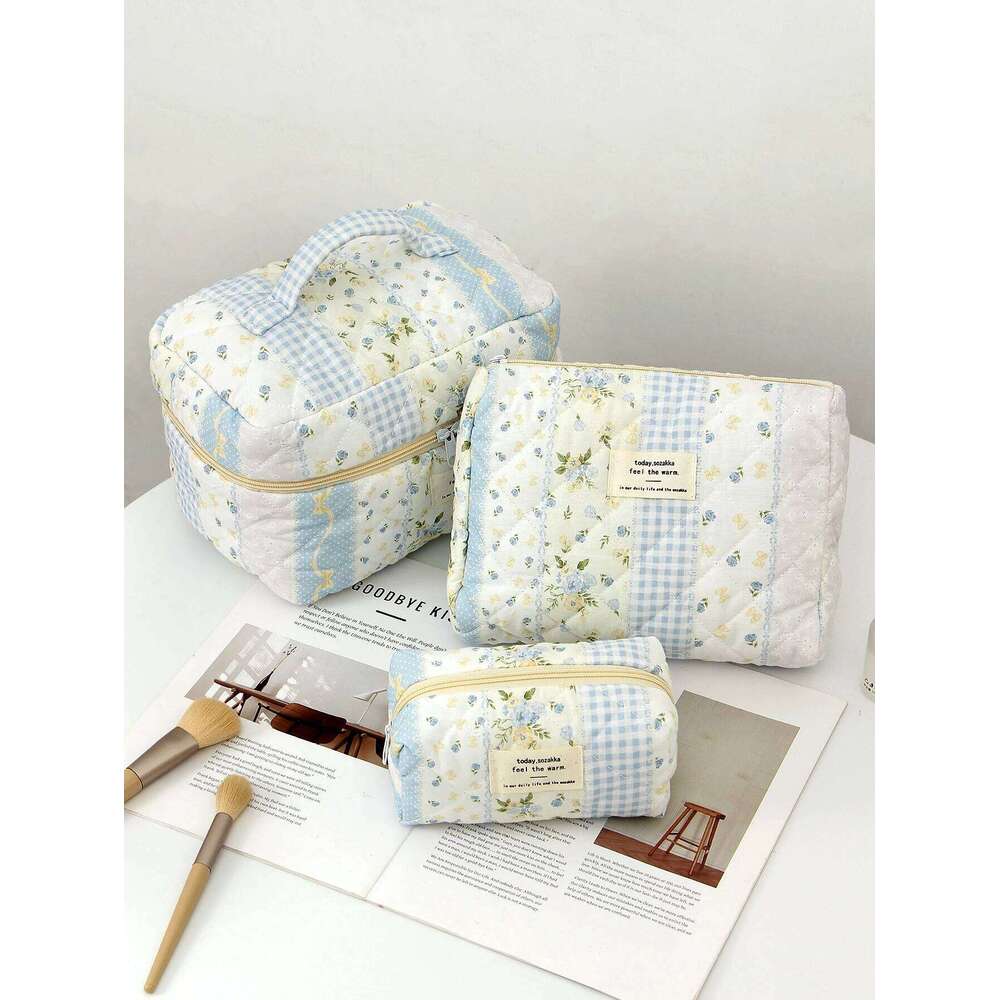1pc/set blue patchwork quilted floral portable bag, multifunctional large capacity makeup bag Y260206