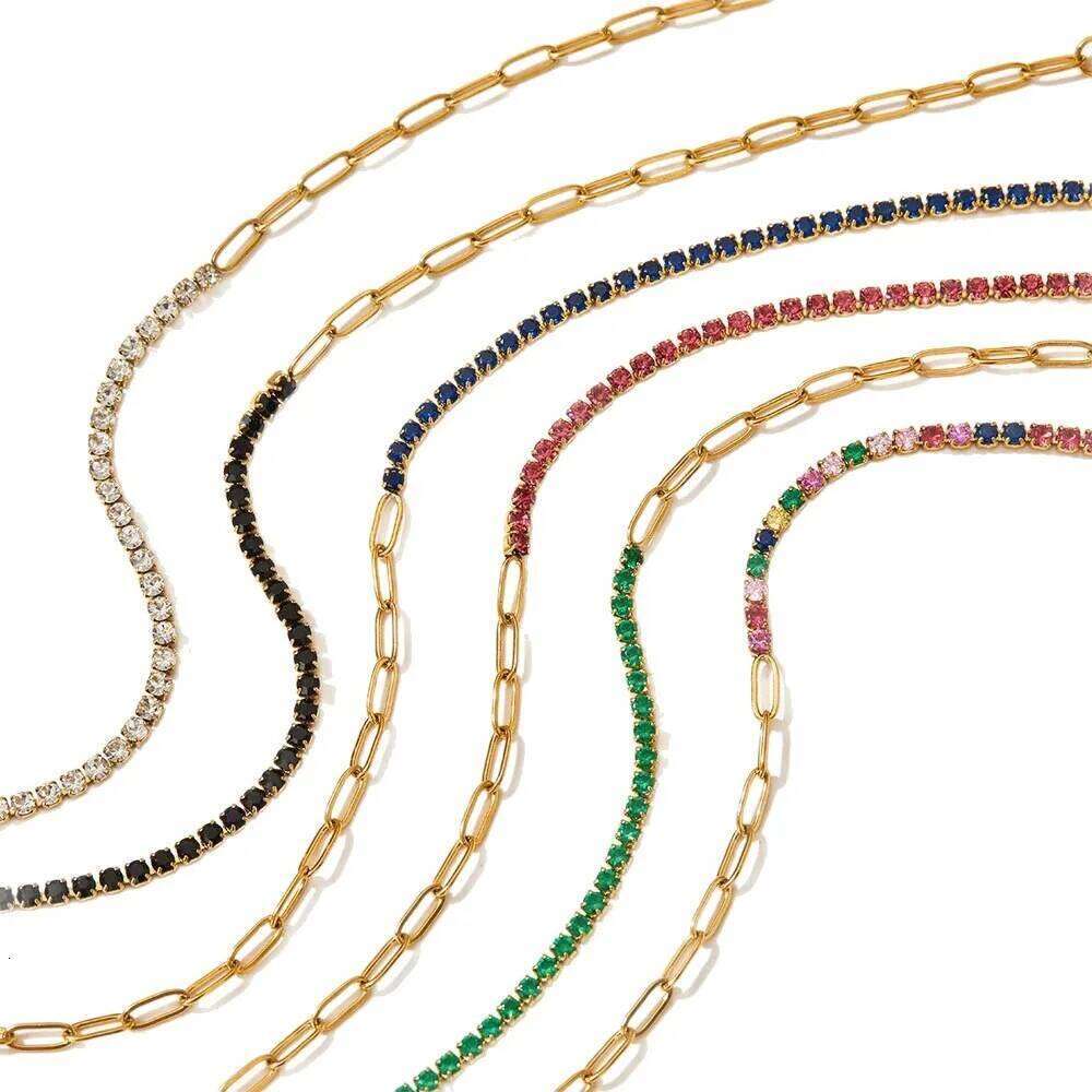 Luxury Exquisite Geometric Square Colored Zircon Stainless Steel Paperclip Chain Bracelets for Women Trend Jewelry Does Not Fade 26H0206