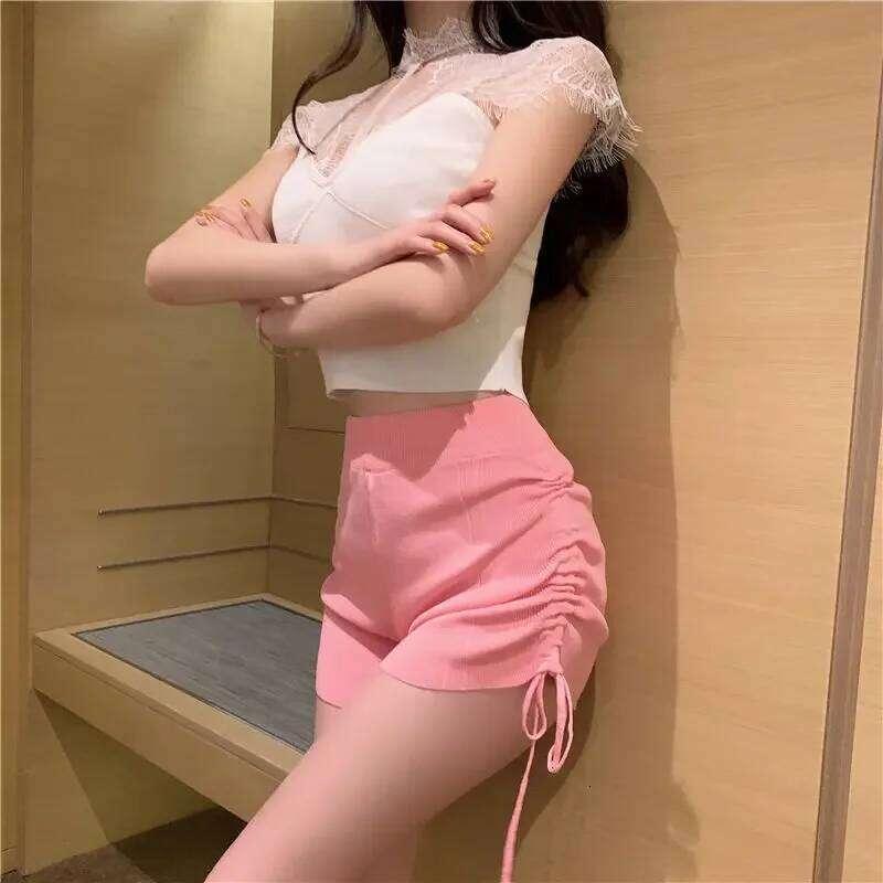 Summer Pink Side Pleated Tie Waist Knitted Casual Pants Ropa Mujer Shorts Women H260206