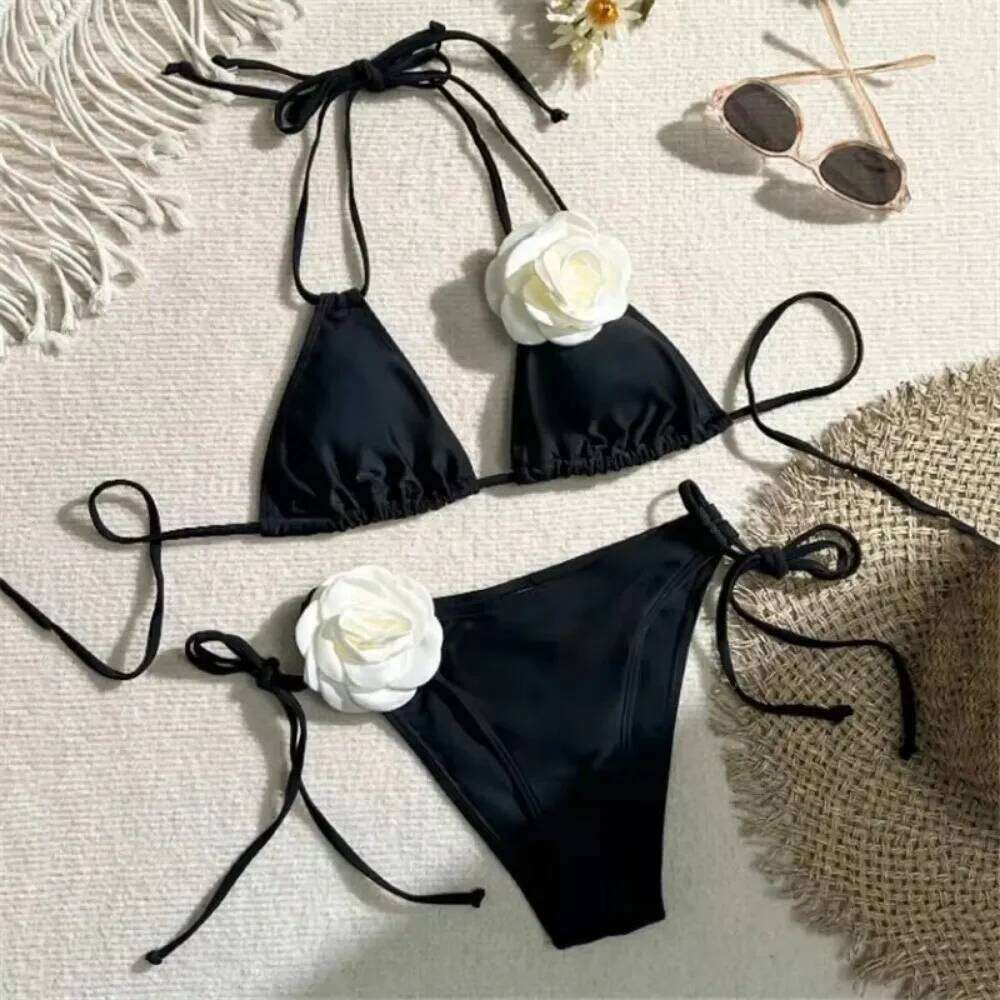 Sexy Flower Bandeau Swimwear Thong Bikini 2025 Women Lace-up Swimsuits Swimming Bathing Suit Brazilian Bikinis Set Mujer Biquini Z260206