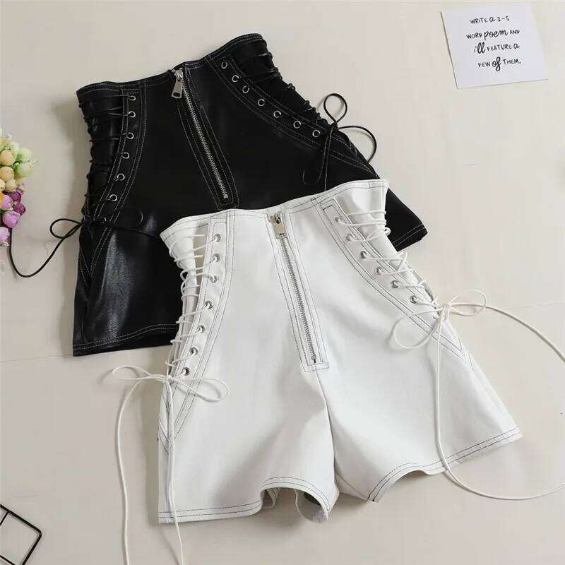 New Autumn Women PU Tie Bow Bandage High Waist Casual White Black Leather Ladies All Match Wide Leg Shorts XJ260206